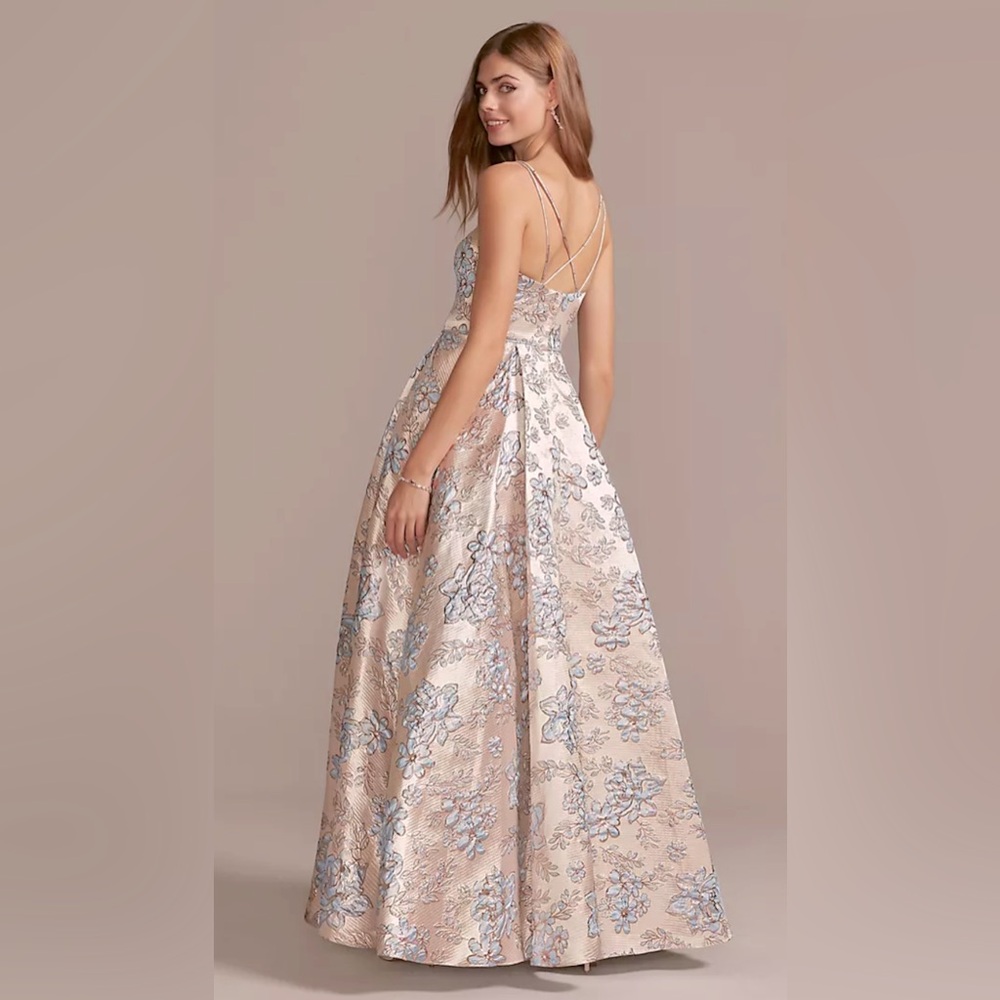 Metallic Brocade Double Spaghetti Strap Ball Gown - Picture 4 of 4